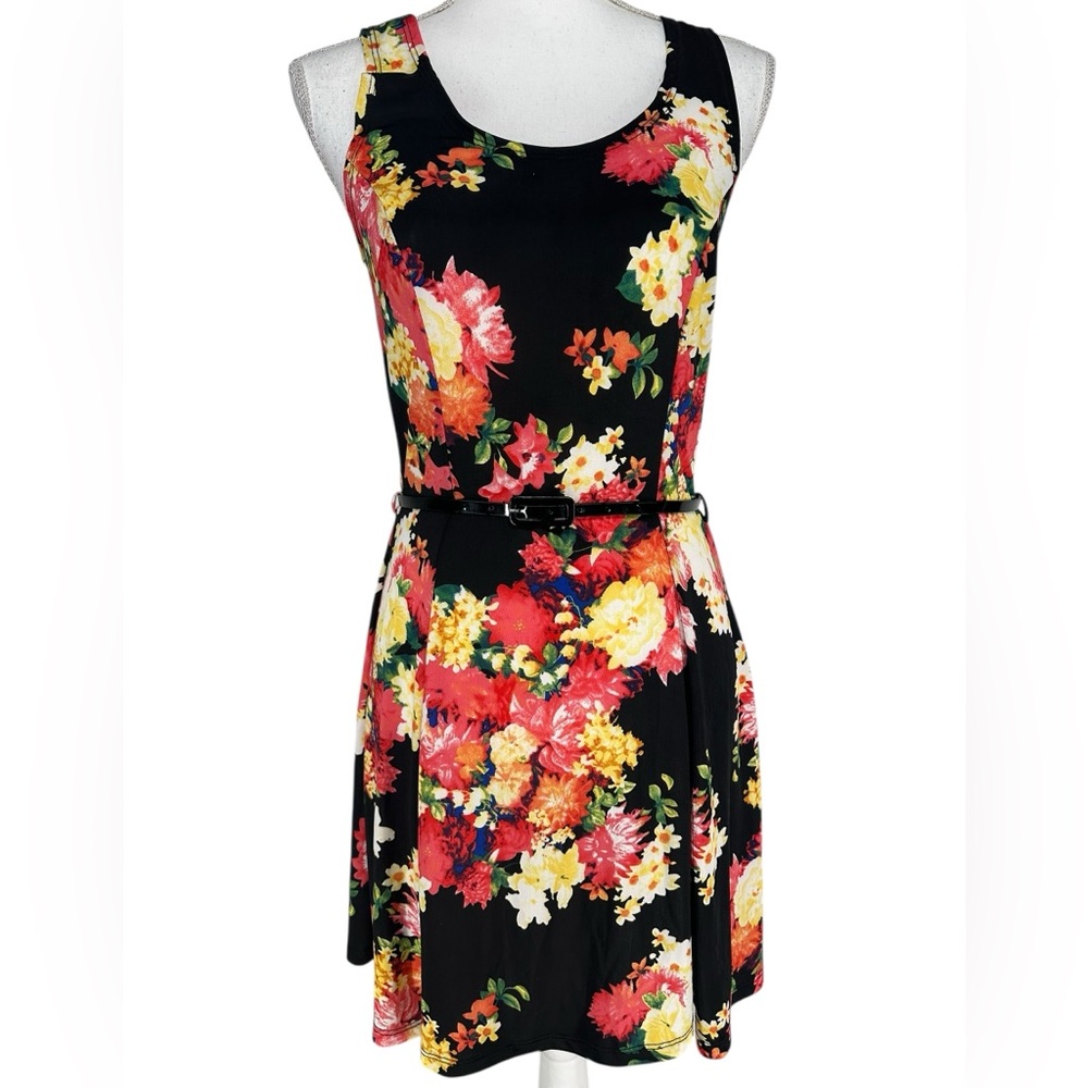 LOVECRAZY / Floral Skater Dress with Belt / Small (Estimated) / Retro Fairy Emo